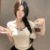 Summer New Women's Pure Desire Round Neck Splicing Lace Short-sleeved T-shirt Design Sense Regular Sweet and Spicy Top