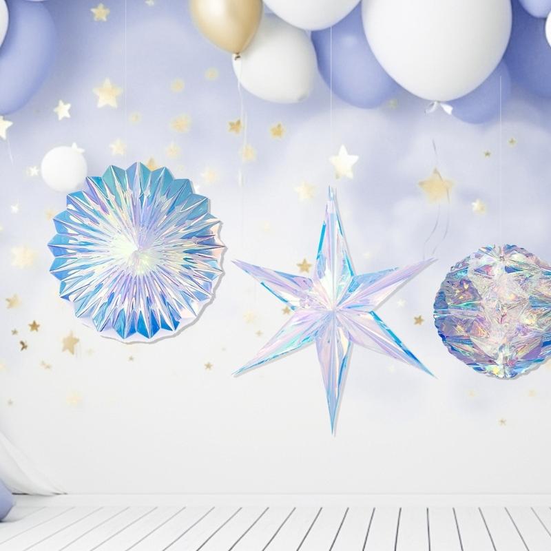 6 Pack Fashionable Iridescents Ceiling Decoration With Snowflake and Honeycomb Ornament for Parties Supplies Daily Use