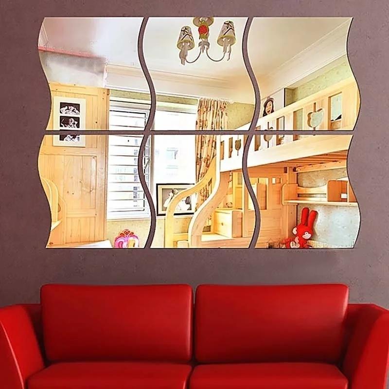 1PC Adesivo de Parede Espelhado Acrílico 3D DIY Design de Espelho Ondulado para Decoração de Arte de Parede de TV de Sala de Estar Doméstica Removível