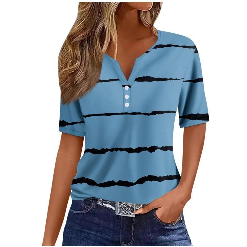 Print Short Sleeve European Style Women Clothing T-Shirt V-Neck