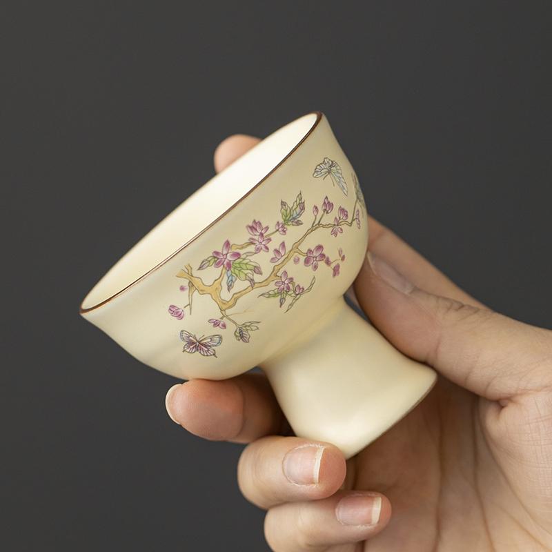 1 Pc Chinese Retro Ru Kiln Tea Cup Hand-painted Flowers Ceramic Teacup Handmade Personal Tea Bowl Household Portable Tea Set