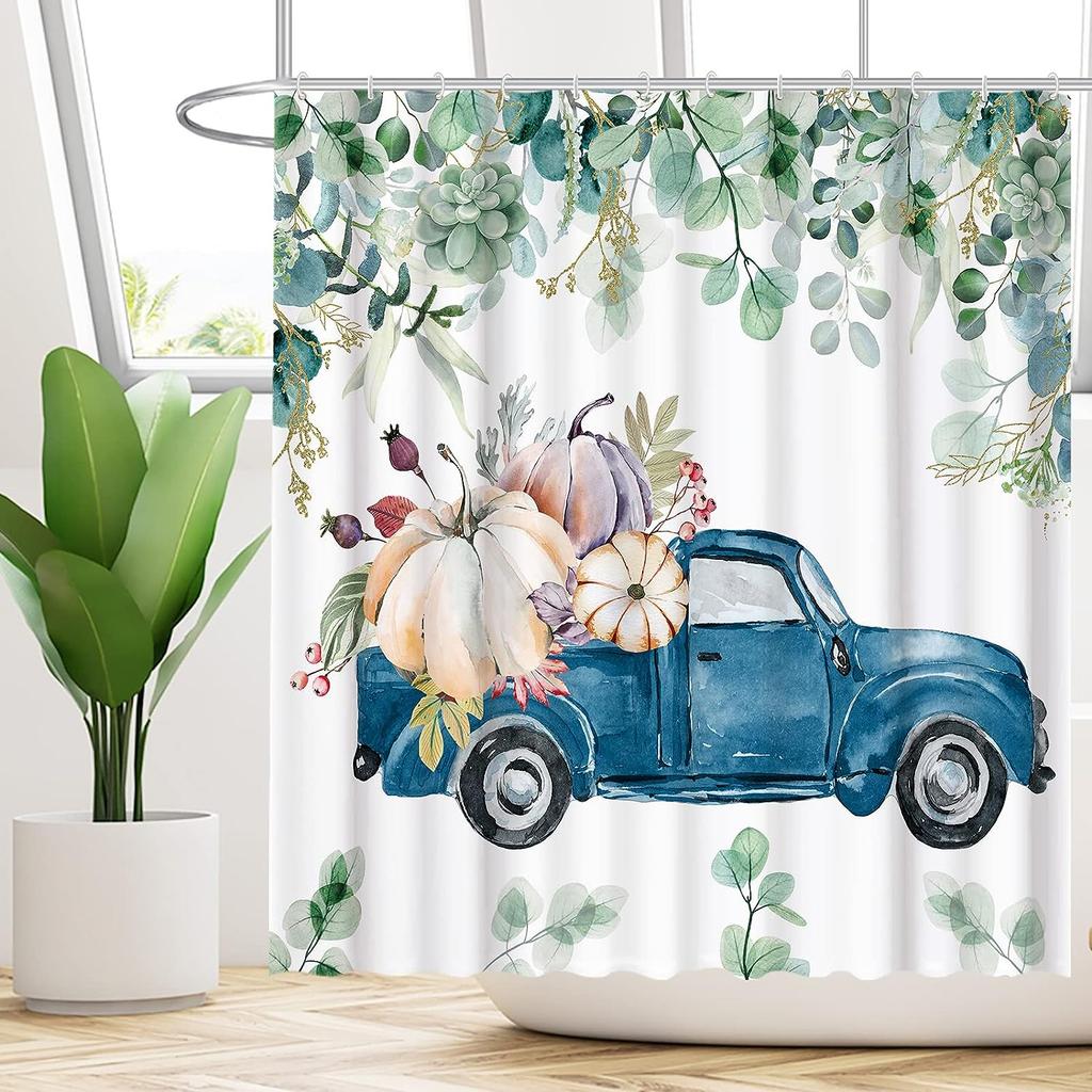 Autumn Pumpkin Truck Shower Curtain Thanksgiving Harvest Fall Watercolor Leaves Farmhouse Home Bathtubs Bathroom Curtain Decor
