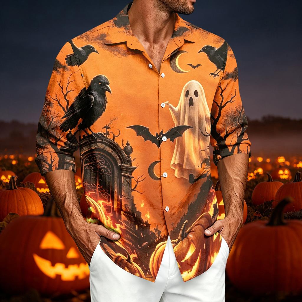 Men's Casual Long Sleeve Shirt with Halloween Print for Spring Fall