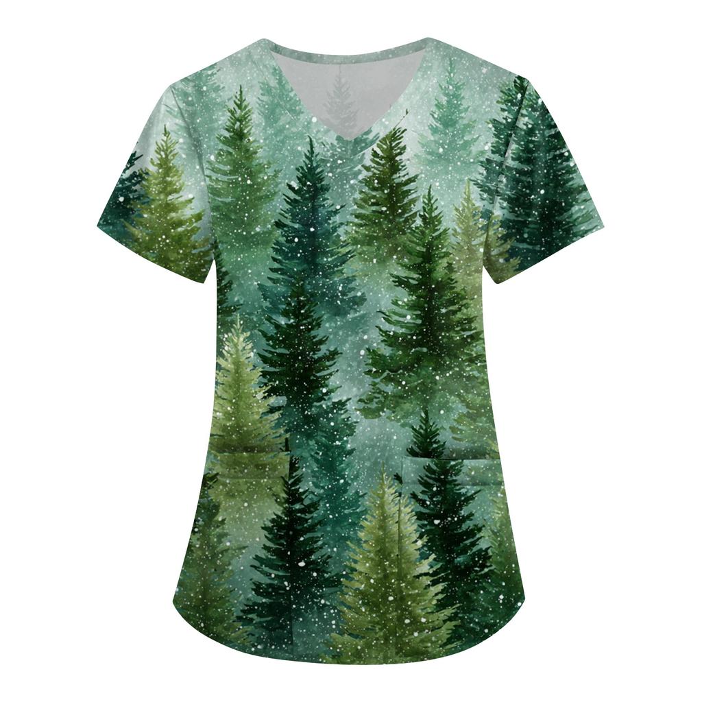 Women's Printing Uniform Work Uniform V-neck Pockets Basic Short Sleeve Pullover Top