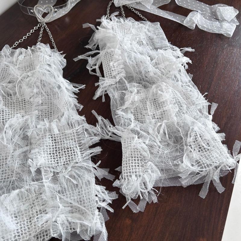 Women Lace Leg Warmers with Leg Loop Subculture Long Leg Socks Baggy Cuffs Ankle Heap Socks Mesh Flared Leg Sleeves
