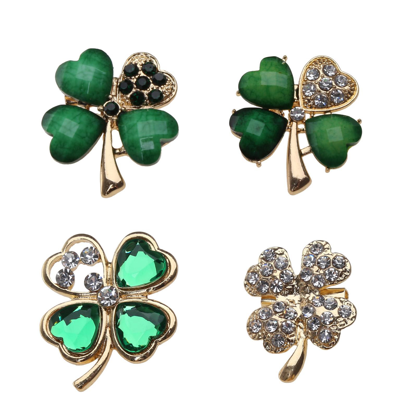 4 Pcs Four Leaf Clover Lapel Pin Rhinestones Brooch St. Patricks Day Accessories 1