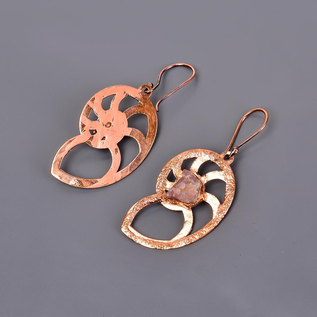 Natural Pink Sapphire Copper Dangle Daughter Gift Electroformed Earrings Jewelry V-103