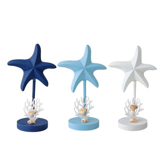 Nautical Themed Starfish Table Decor Coastal Beach Wooden Starfish Figurine Vintage Ocean Block Sign with Wood Base for Living Room Bedroom