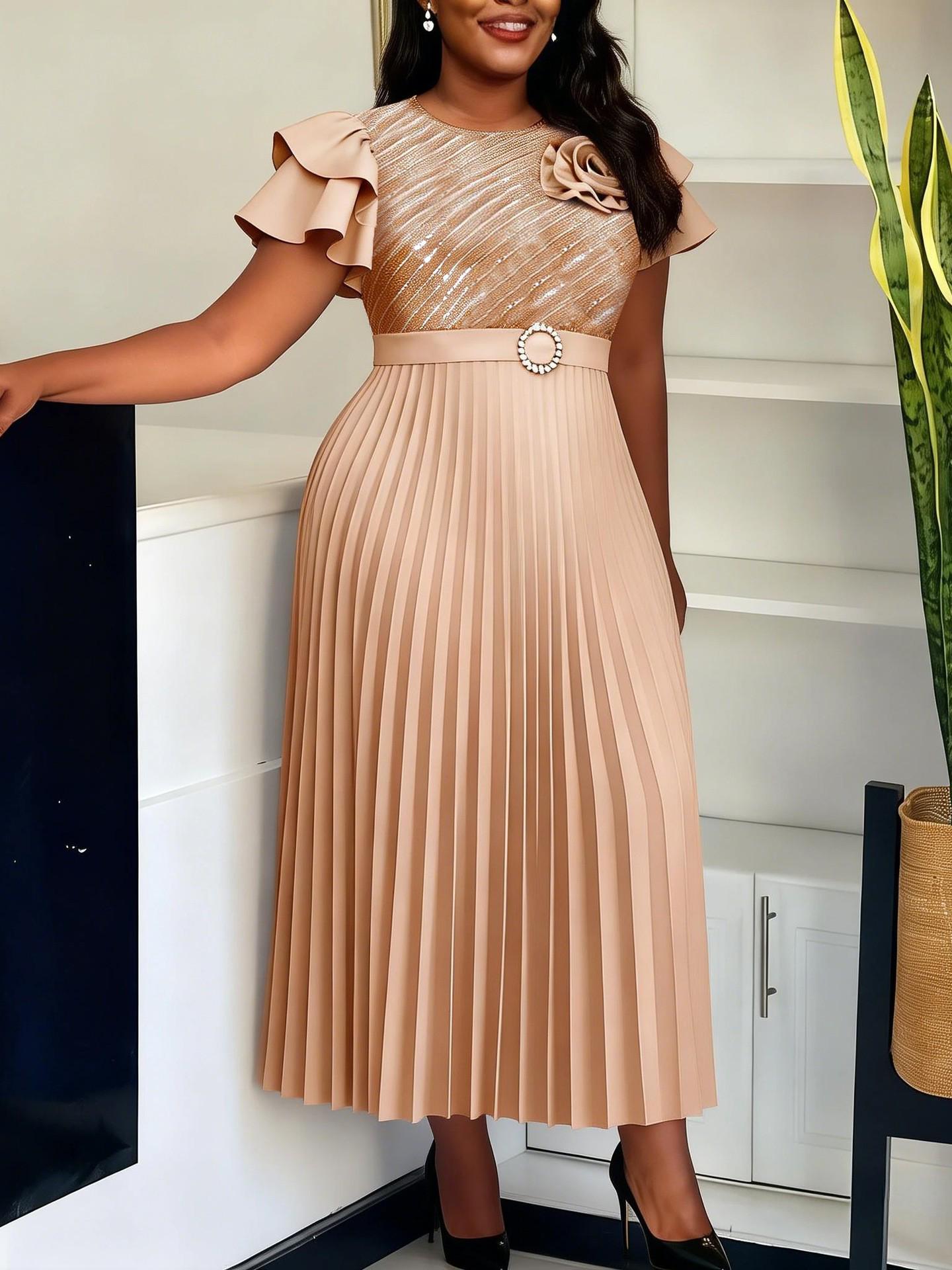 

Plus Size Women s Long Dress with Ruffle Sleeves, 3D Floral Design, Cinched Waist, Hot Diamond Belt, and Pleated Skirt. 3XL шампанского
