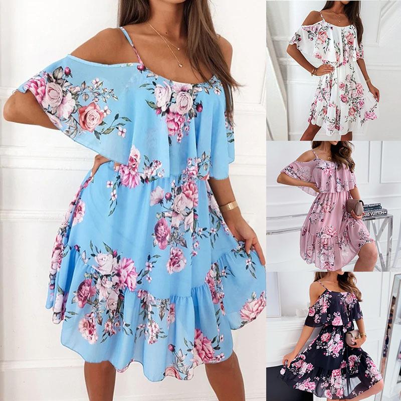 Women's Sling Dress Beach Summer Chiffon Floral Print Off Shoulder Mid Length Casual Dress Elegant Ladies Sweet Dress