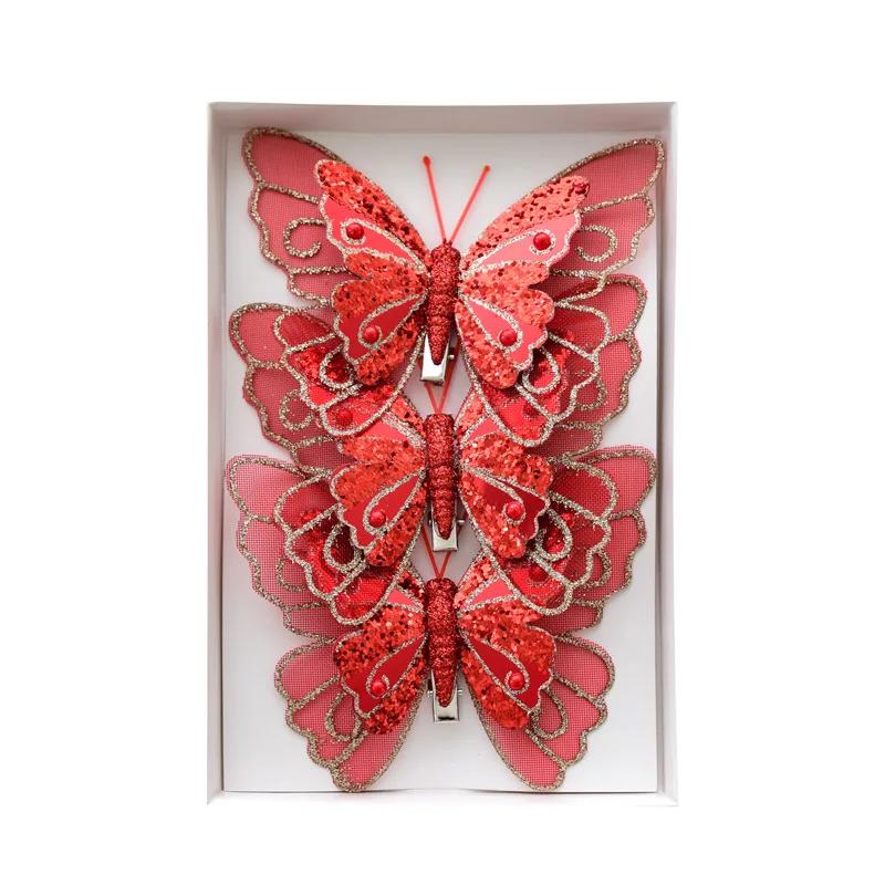 Christmas Decoration Butterfly Hairpin 3/6PCS - Simulation Double Colored Sequins Tree Pendant & Bridal Party Decor Accessory