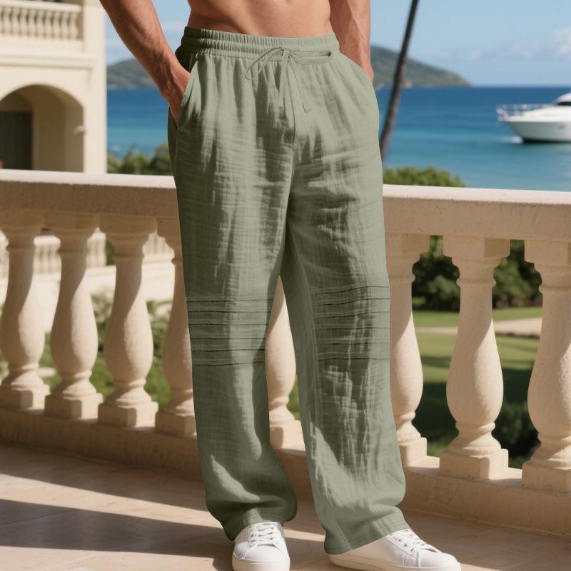 Men Linen Texture Drawstring Pants Elastic Waist Loose Fit Lightweight Breathable Summer Beach Trousers