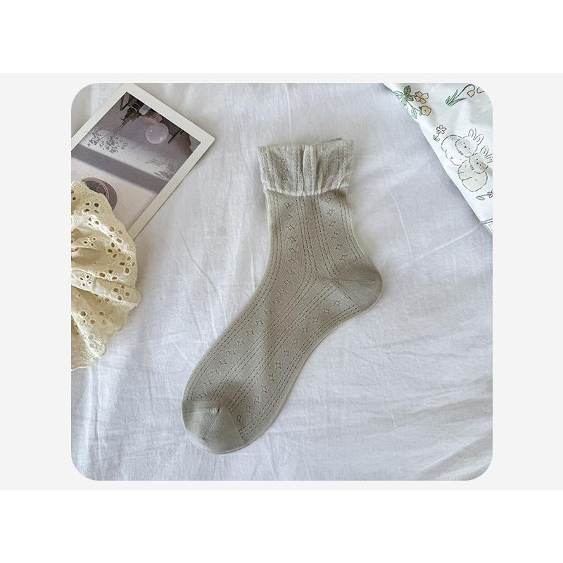 Spring and Summer Thin Mesh Perforated Mid-calf Socks, Lace Sweet Ballet-style Breathable Socks