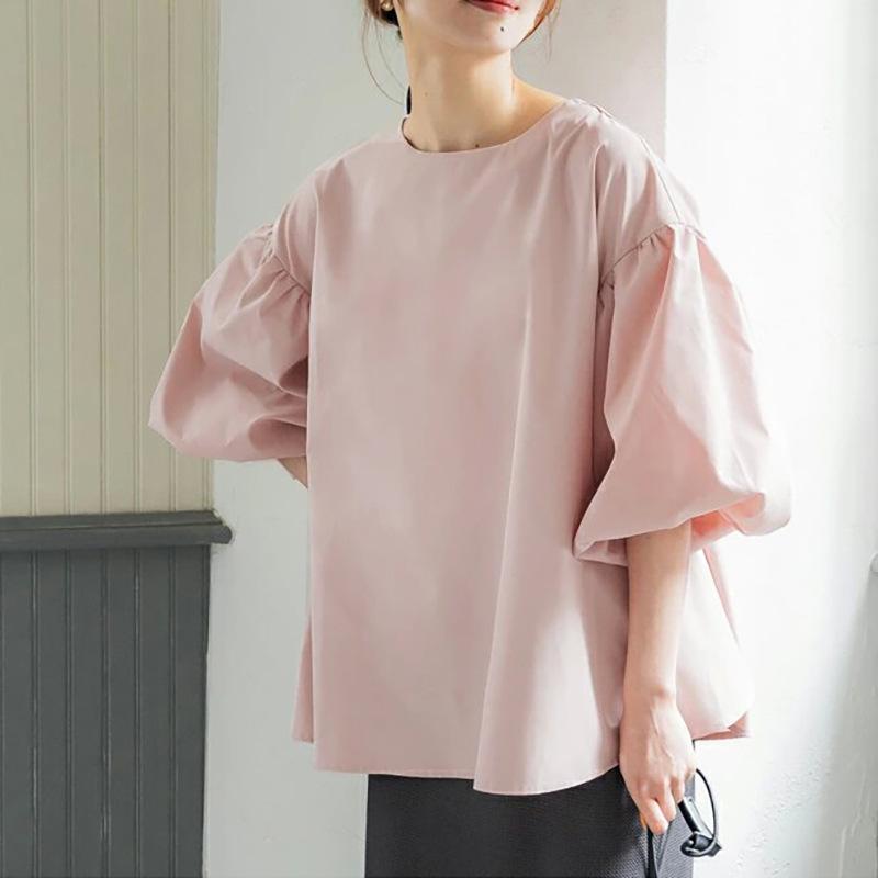 Summer Loose Large Edition Women's Shirt Cotton Oversized Lantern Sleeve Crew Neck Top
