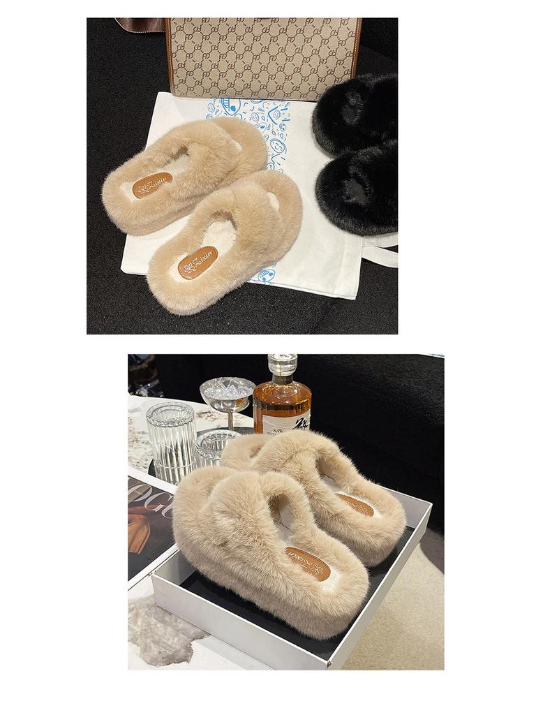 2025 Spring Women's Fuzzy Slippers: Thick Sole, 7cm Height Boost, Korean Style for Petite Women, Perfect for Autumn/Winter Wear.