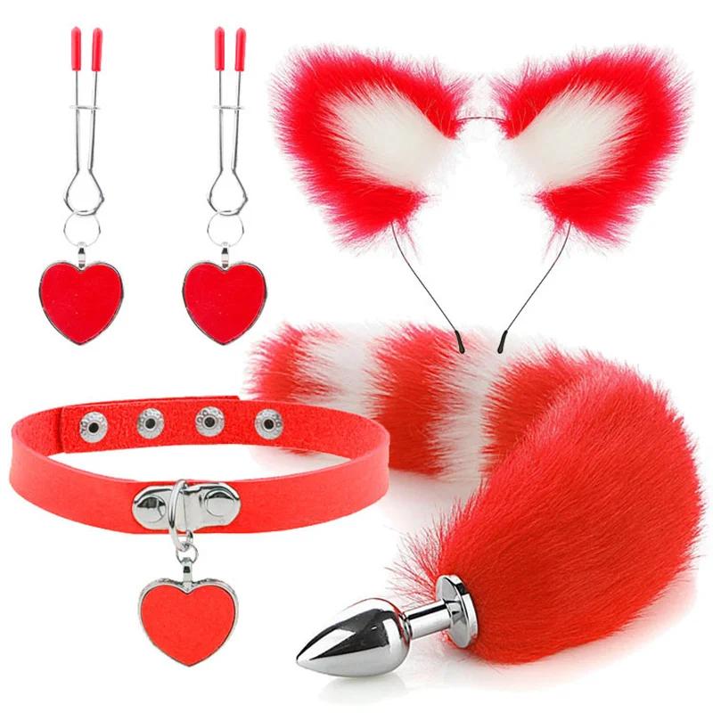 Anal Sex Toys Fox Tail Butt Plug Sexy Plush Cat Ear Headband With Bells Necklace Set Massage Sex Toys For Women Couples Cosplay