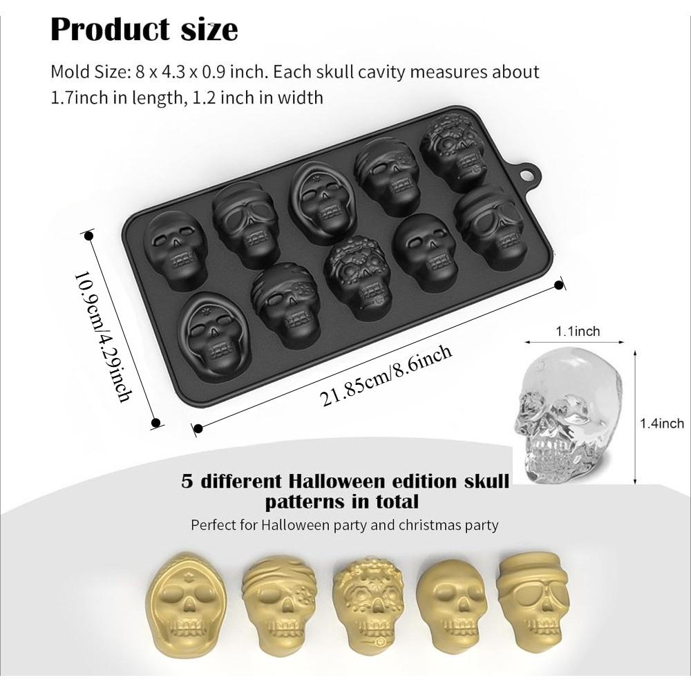 3 Pack 10 Cavities 3D Skull Ice Cube Mold Silicone Tray Maker Halloween Party Baking DIY Tools for Whiskey Cocktail Drinks