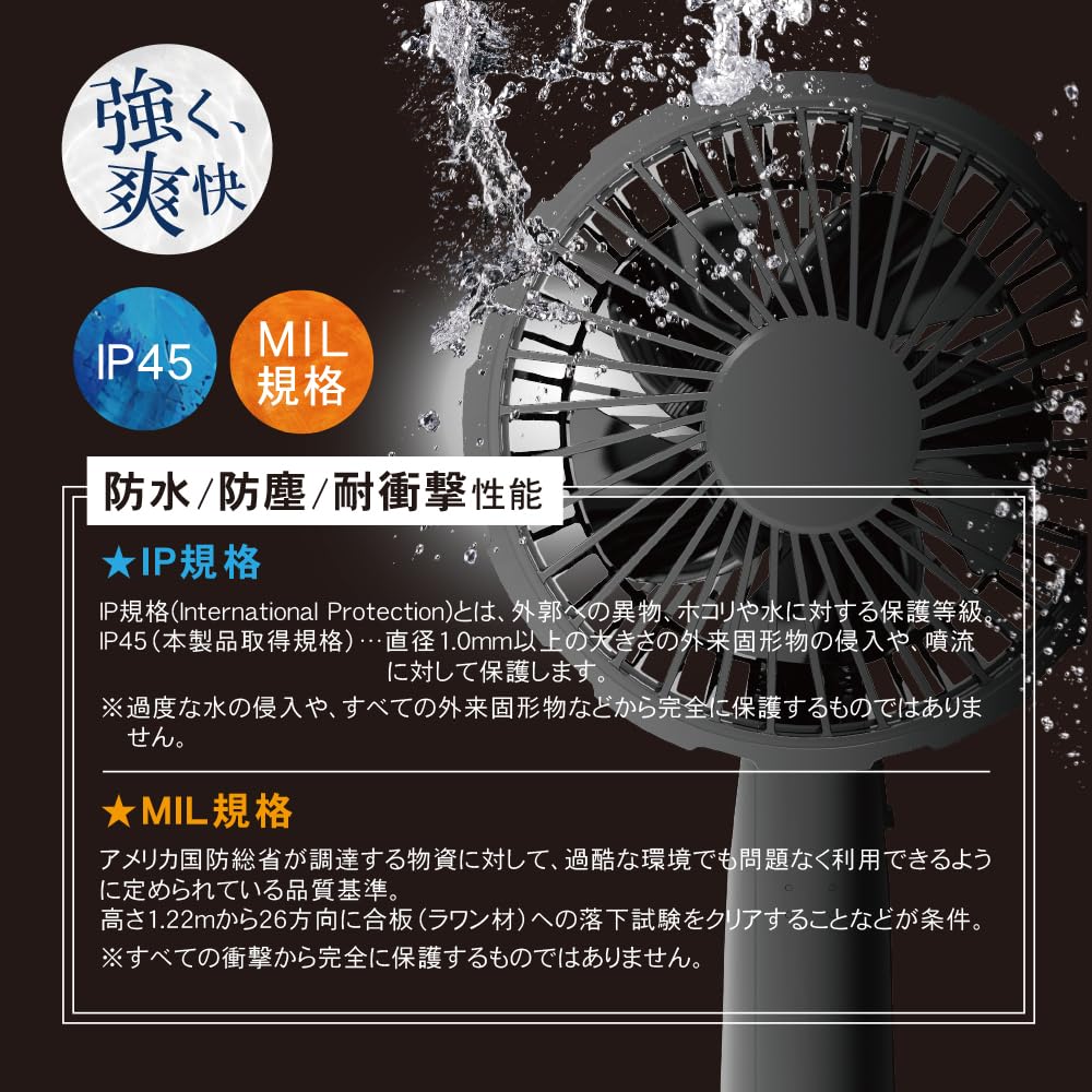 [Newest Model, 2025] TOPLAND SF-HFT10BK Handheld Fan, Waterproof, Dustproof, IP45, Shockproof, Military Standard, Carabiner Included, Black