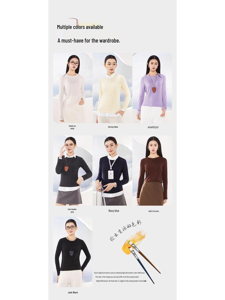 Tencel Wool Collar Base Shirt: Silk-Like, Light, Warm, Round Neck, Knitted Long Sleeve Top for Autumn/Winter Women.