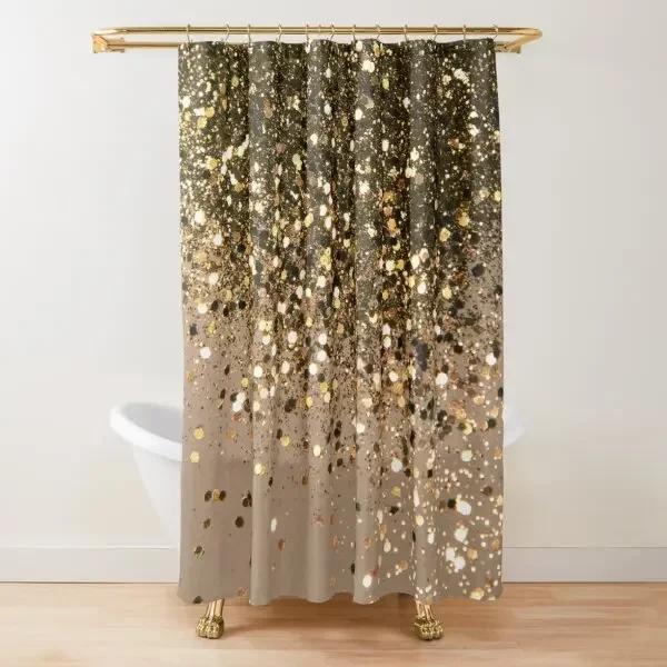 Gold Glitzer Glam Duschvorhang, goldfarbener Funkelnder Glänzender Kunst Badevorhang, Polyester Waschbares Badezimmer Vorhänge Set mit Haken