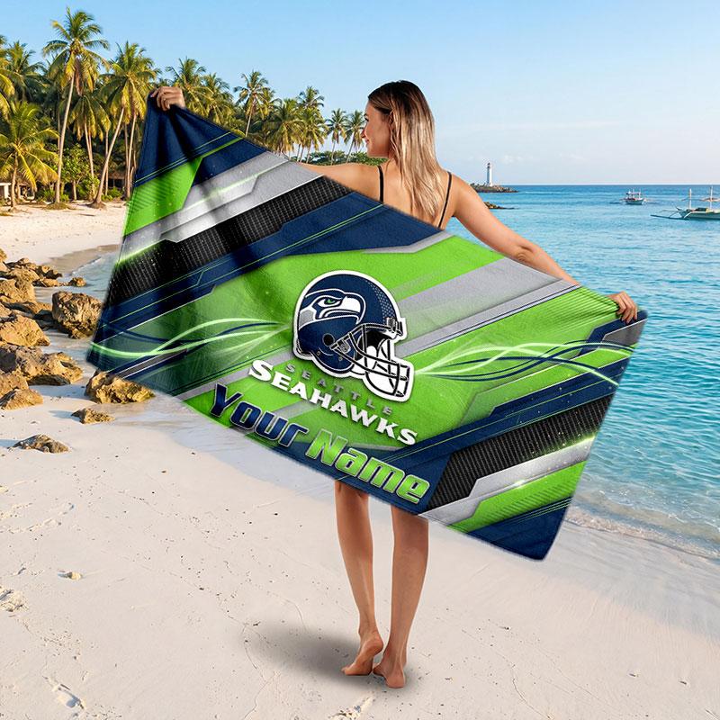 Seattle Seahawks Customized Name Text Beach Towel, Soft Absorbent Towel Beach Pool Travel Personal Gift