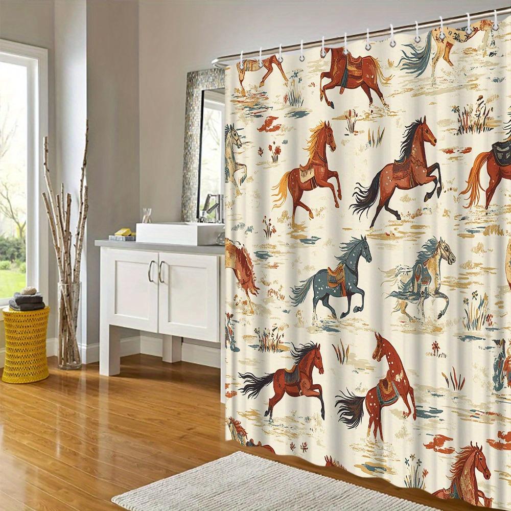 1 Vintage galoppierendes Pferd Duschvorhang mit Sattel, ländliches Volkskunst Design, Polyester Stoff, beiger Hintergrund