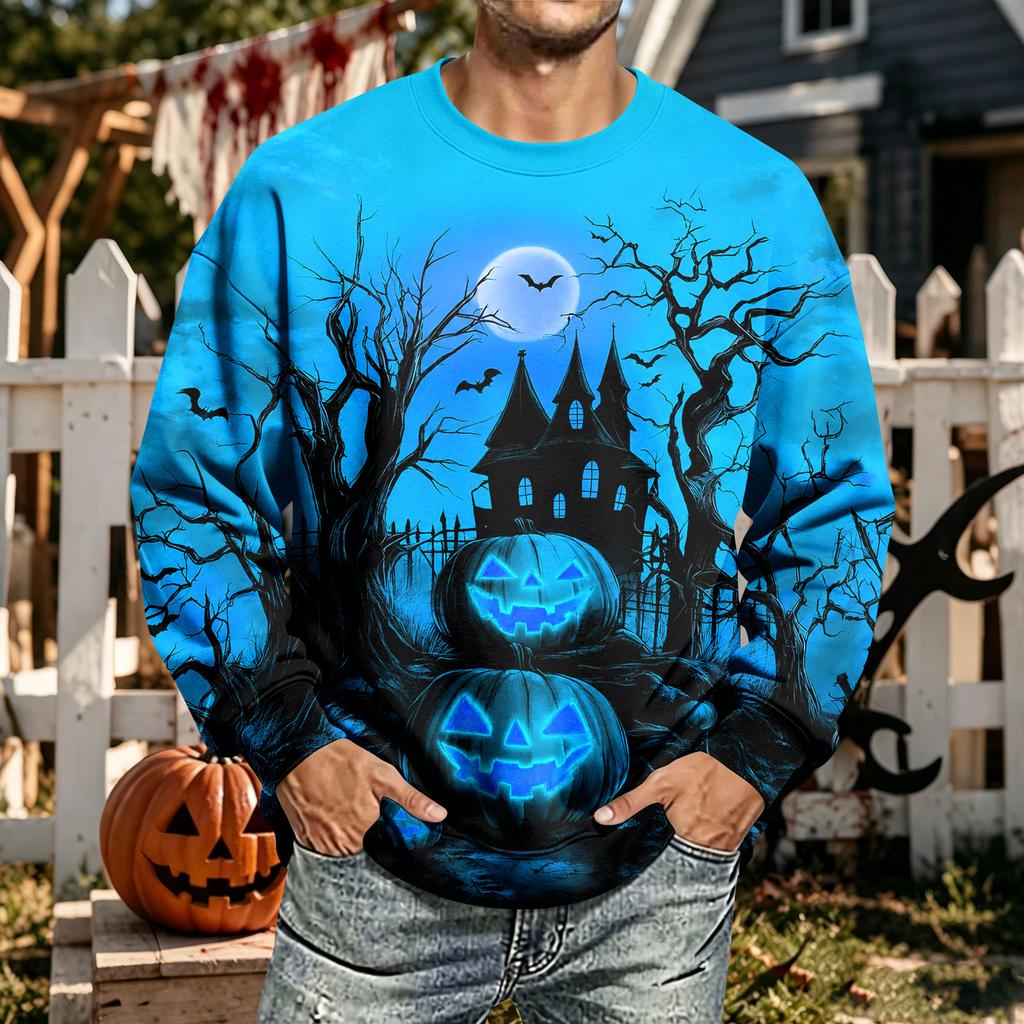 Men's Halloween Print Neck Long Sleeve Sweatshirt Casual Pullover Top