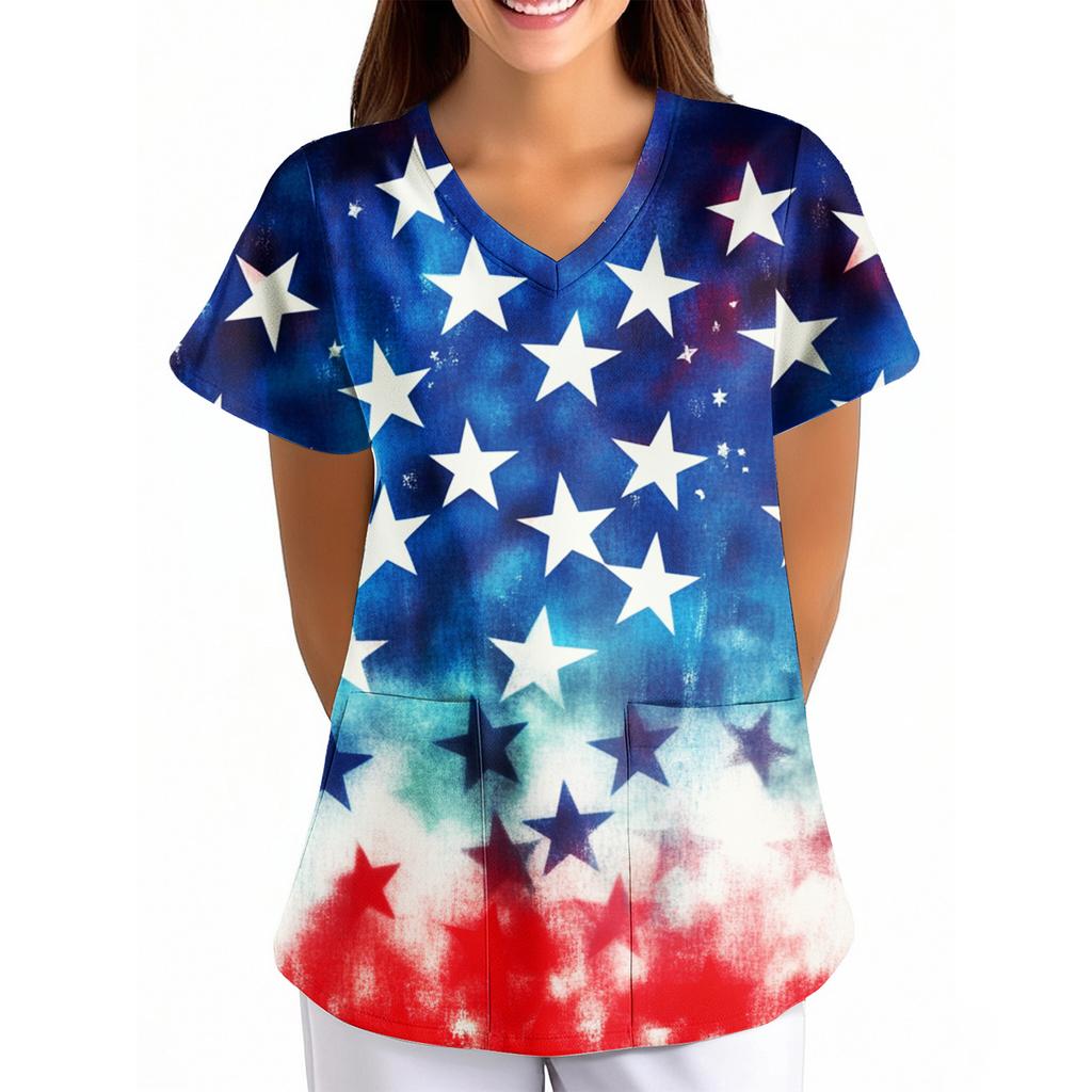 Women's Independence Day Printed Loose V-Neck Pocket Short-Sleeved  Clothing