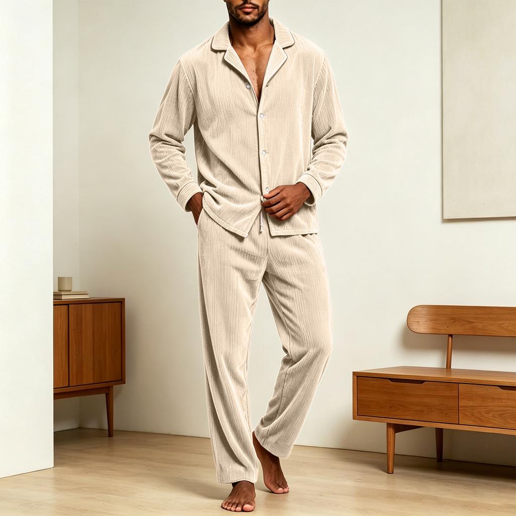 Men's Corduroy Pajama Set with Casual Long Sleeve Button Front Lapel Collar Shirt and Loose Fit Pajama Pants