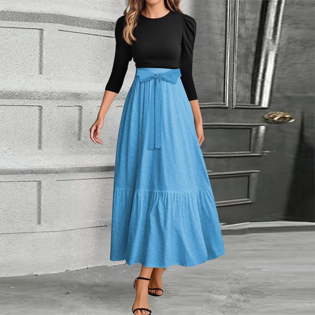 Women's Fashion Casual Belt Round Neck Solid Color Splicing Elegant Temperament Three-quarter Sleeve Dress
