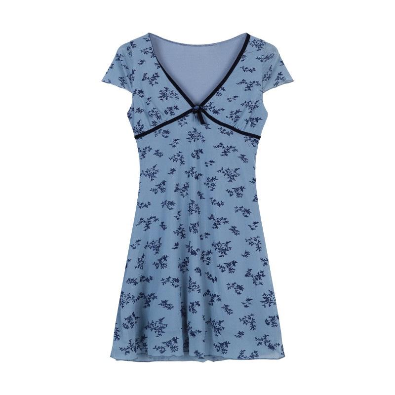 Rochie Scurtă A-Linie Florală Retro cu Decolteu în V Subțire pentru Femei 2025