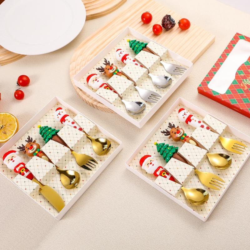 4pcs Christmas Fork And Spoon Set Cutlery Stainless Steel Creative Tableware Coffee Tea Dessert Gift Set