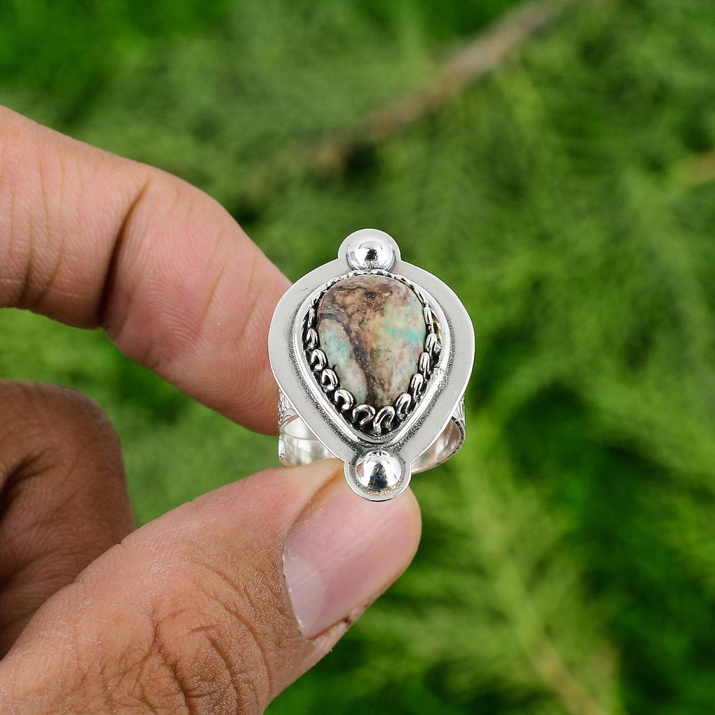 Natural Tibetan Turquoise Stackable Adjustable Ring 925 Silver For Women