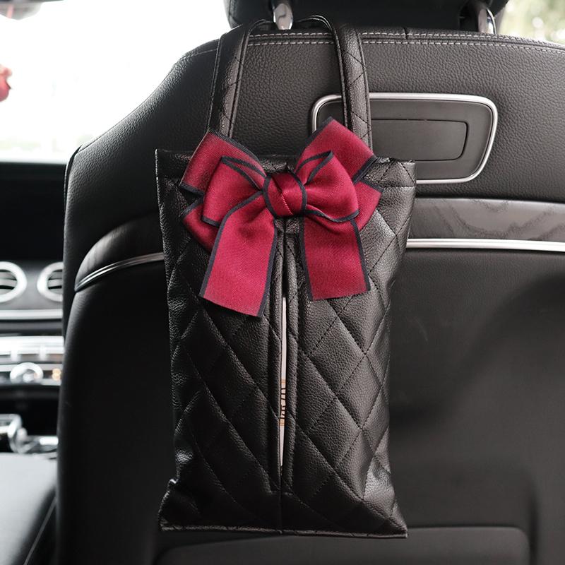 Fashion Bowknot Leather Car Tissue Boxes Cute Auto Seat Back Tissue Bag Organizer Car Decoration Auto Interior Storage Bag