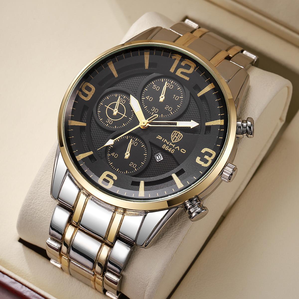 Men S Watch Fake Three-Eye Steel Belt Set Non-Mechanical Large Dial Business Waterproof Quartz Watch