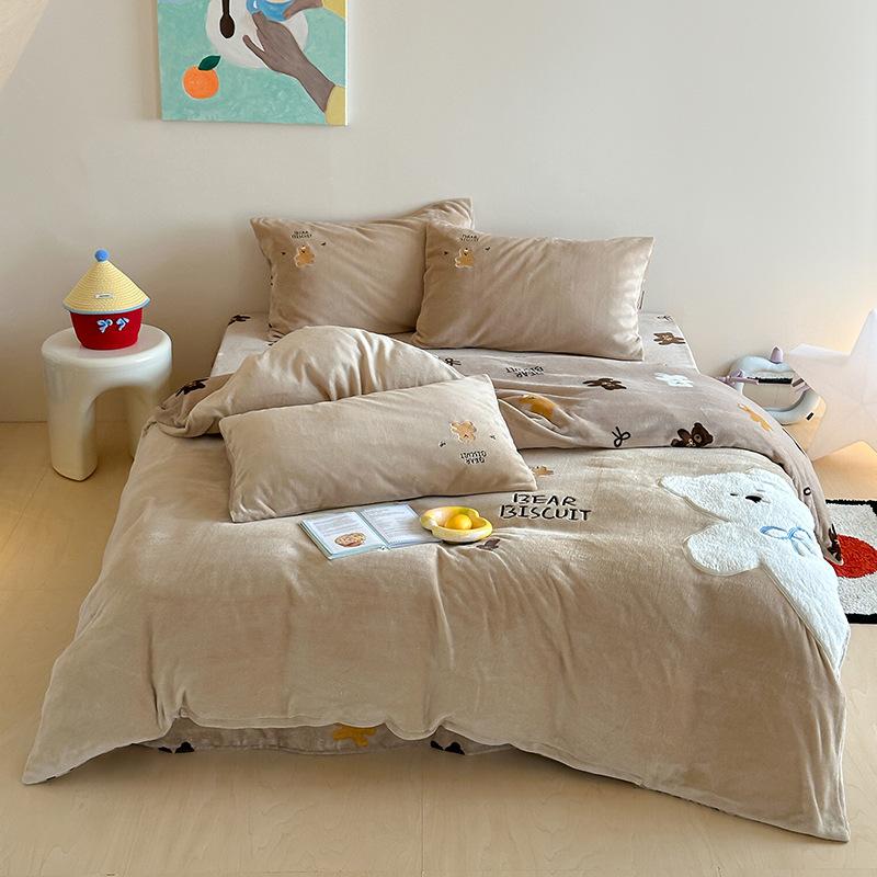 Cartoon Sticker Embroidered Thickened Milk Fleece Four-Piece Set Coral Fleece Thermal Bed Sheet Quilt Cover Student Bedding