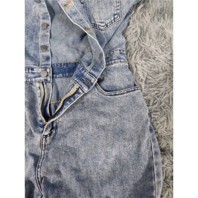 Single Adult Lady Like Woman Domineering Easiest for Match Tall Slim Looking Lapel Wash Denim Speaker Waist Trimming Short-Sleeved One-Piece Pants