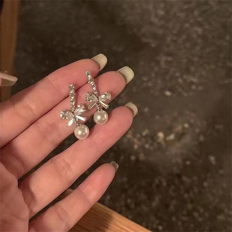 Exquisite Bow Pearl Drop Dangle Earrings For Women Bling Zircon Bowknot Stud Earrings Girl Wedding Party Sweet Jewelry