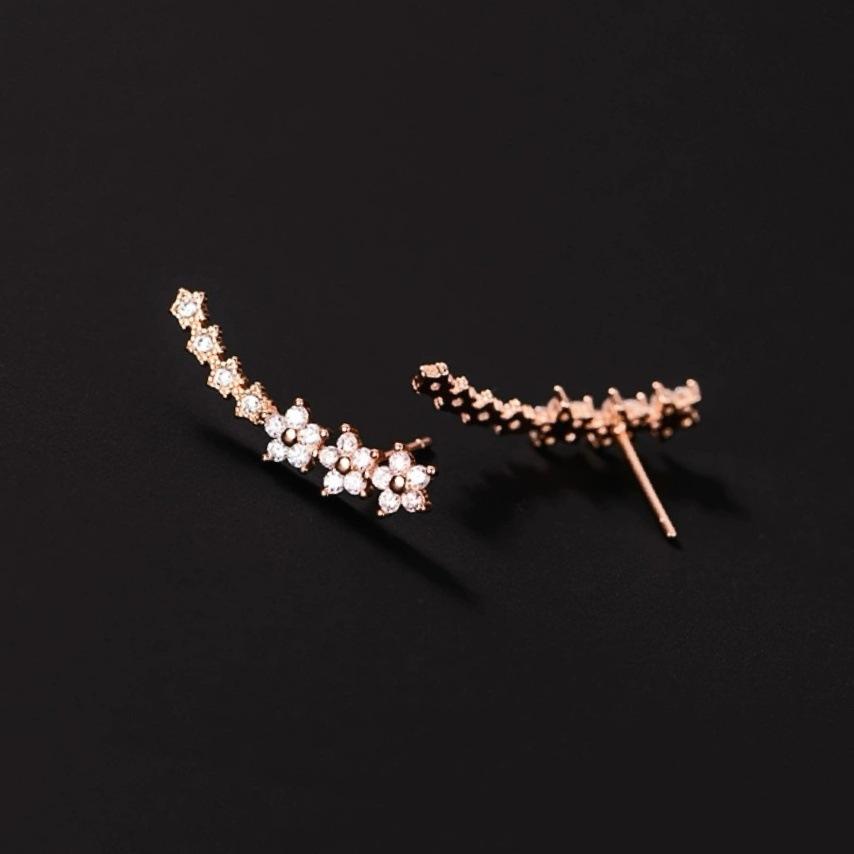 Flowers Ear Climbers Stud Earrings for Women Small Trend Flower Cuff Crawler Earrings for Bride Plated White Cubic Zirconia Stud Earrings Wedding