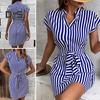 Women Summer Mini Dress V-neck Sleeveless Waist Tight Ties Short Dress Vertical Striped Print Office Vacation Dress