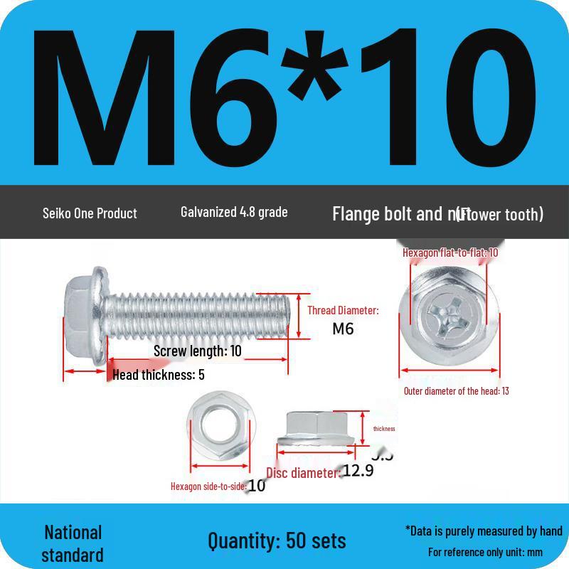 4.8 Grade Galvanized Hex Bolt Set with Anti-slip Washer & Nut, Cross Flange Head, M4/M5/M6/M8mm