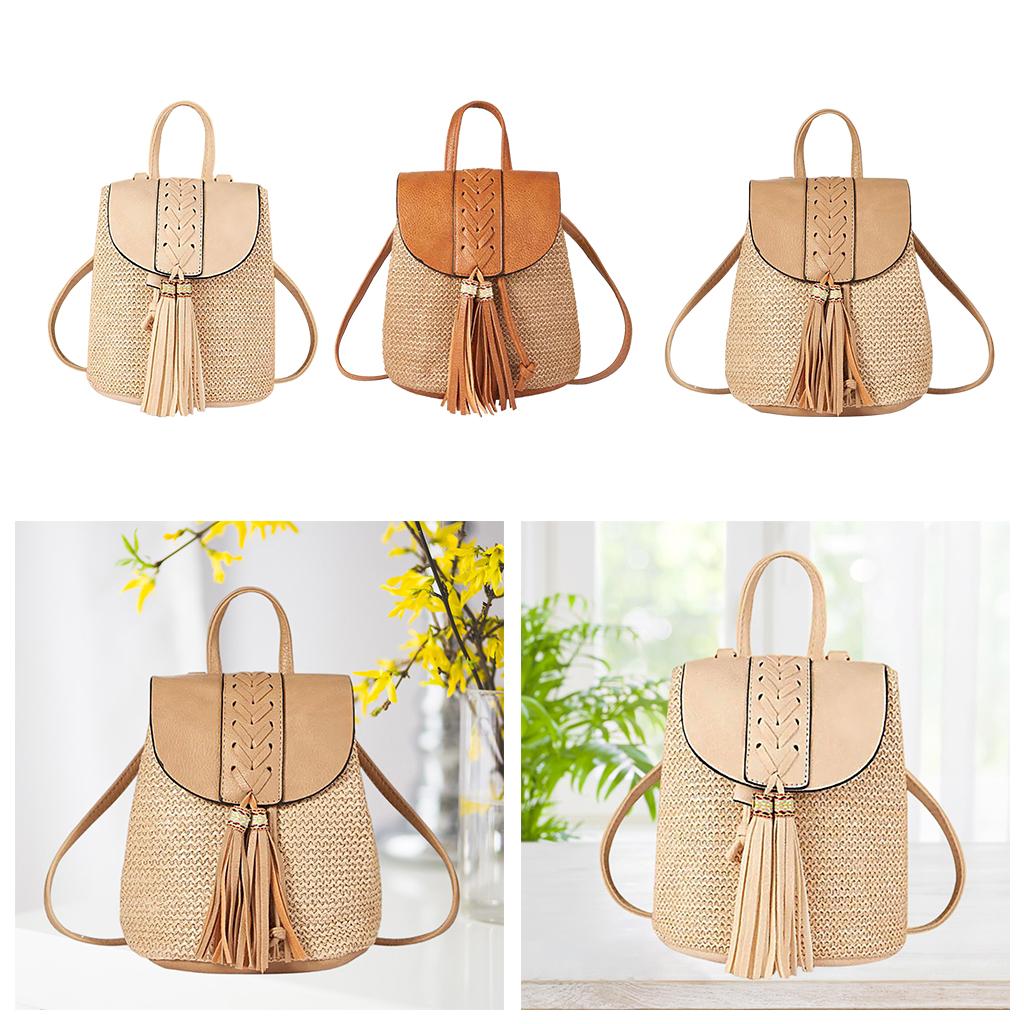 Zaino Intrecciato a Mano con Patta e Coulisse a Spalle Borsa Casual per la Spiaggia