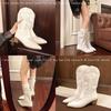 Weiße Retro-Stickerei Spitz zulaufender Dicker Absatz Western-Cowboystiefel Damen 2025 Herbst Neue Vielseitige Erhöhende Ritterstiefel