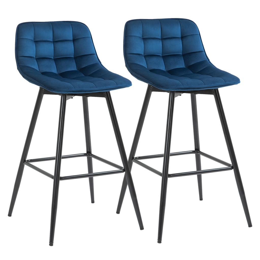 Set of 2 Tall Stools in Nordic Style with Backrest and Footrest, Kitchen Stools with Backrest in Velvet Effect Fabric and Metal, 45x47x88 cm, Blue