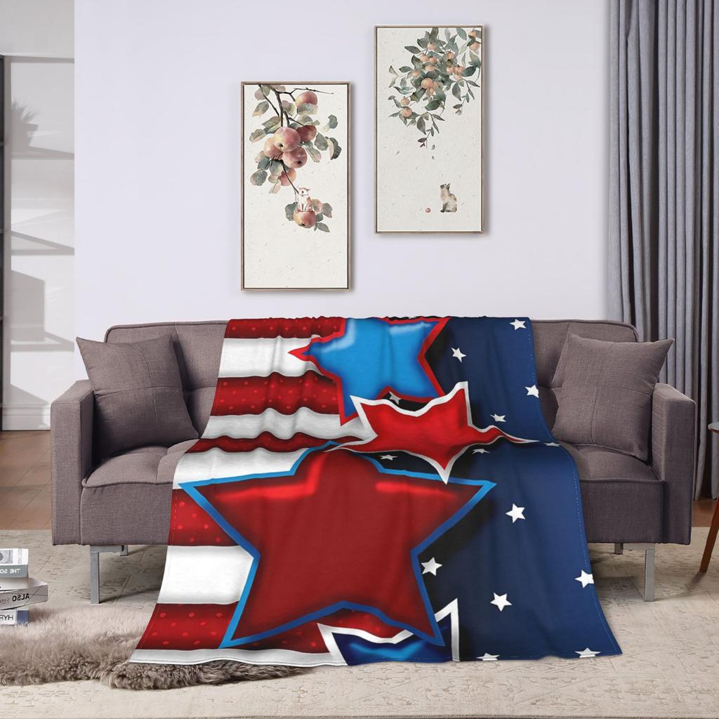 4th of July USA Flannel Blanket Warm Soft Throw Blanket for Bedroom Airplane Travel Aesthetic Bedspread Sofa Bed Cover