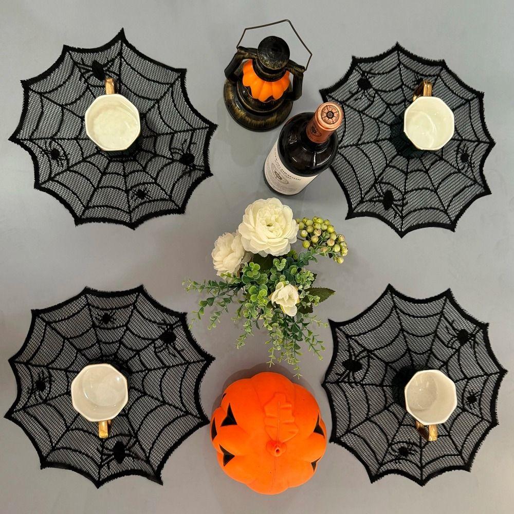 30cm Spider Web Placemats Polyester Black Lace Placemat Spider Web Table Mat Halloween Party
