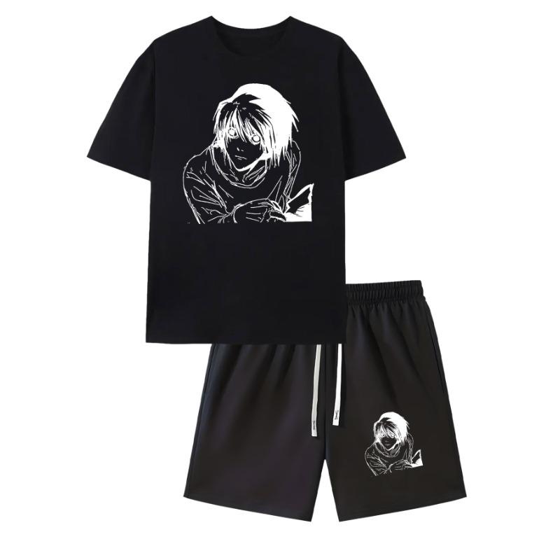 European Size Anime Boy Print Men'S Short-Sleeve T-Shirt and Waistband    Casual Sports Regular Top and Pants , Suitable for Spring and Summer Matchin