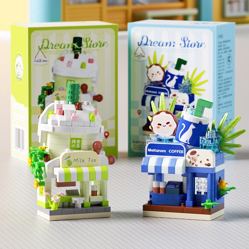 Restaurant Dessert Coffee Fruit Flower Store Snack Street View Cake Food House Building Blocks Kits Girls Bricks Model Kids Toys