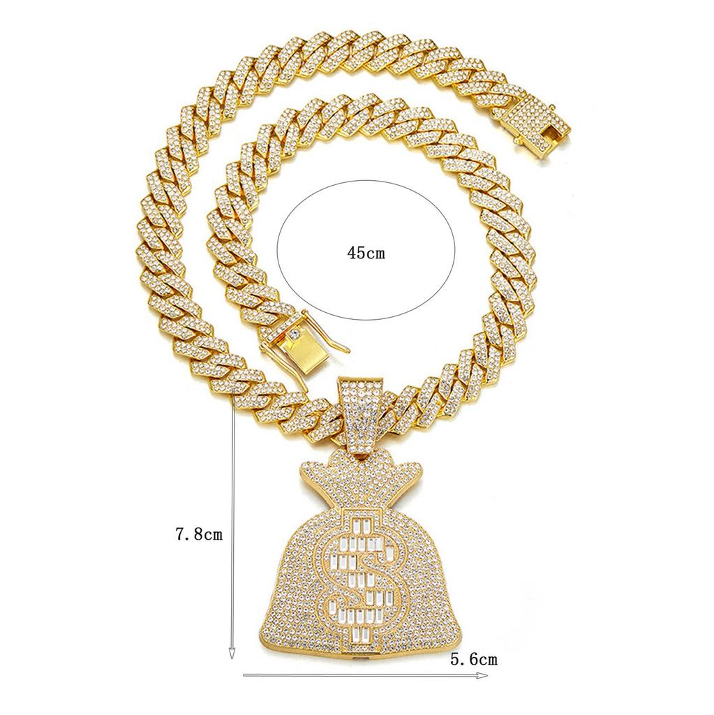 Alloy Personality Rock Sugar Diamond Dollar Coin Bag Pendant Rhombus Cuban Necklace Hip Hop Rap Jewelry