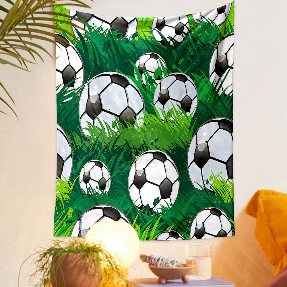 Soccer Balls in Green Grass Design Patterned Tapestry Decorative Wall Hanging, Home Bedroom Living Room Decor